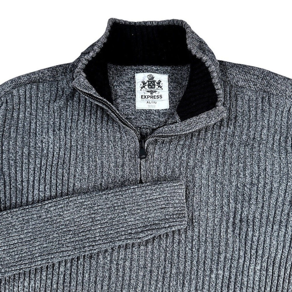 Express Mens XL Quarter Zip Sweater Charcoal‎ Gray Ribbed Knit 100% Cotton 3575